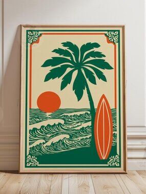 Palm Tree Surf Poster Retro Beach Scene Illustration Coastal Wave Wall Art Print